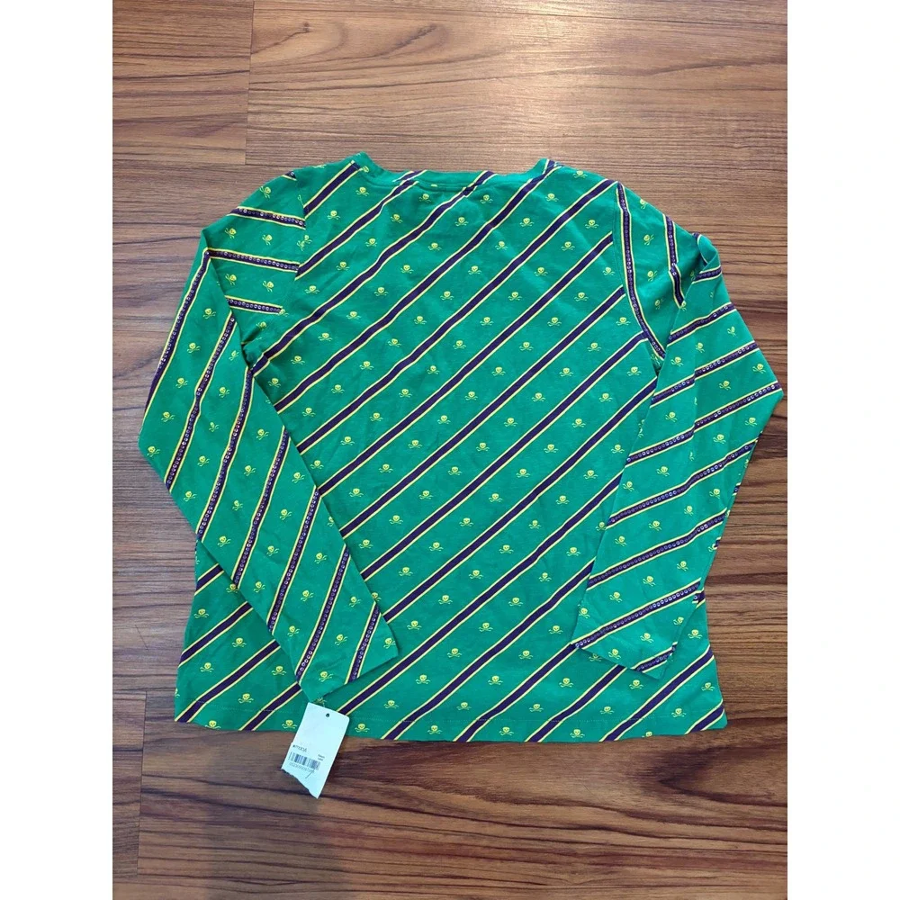 Ralph Lauren girl Green Striped Skull Crossbones Long Sleeve T-Shirt Size M 8-10